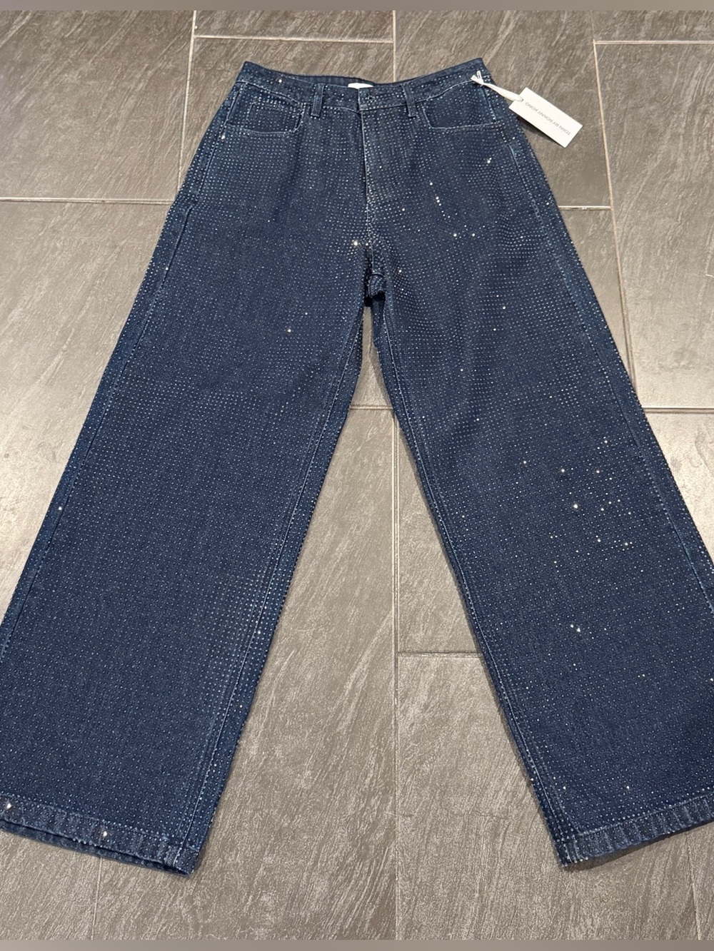Torn by Ronny Kobo Indigo Relaxed Wide-Leg Jeans with Rhinestones